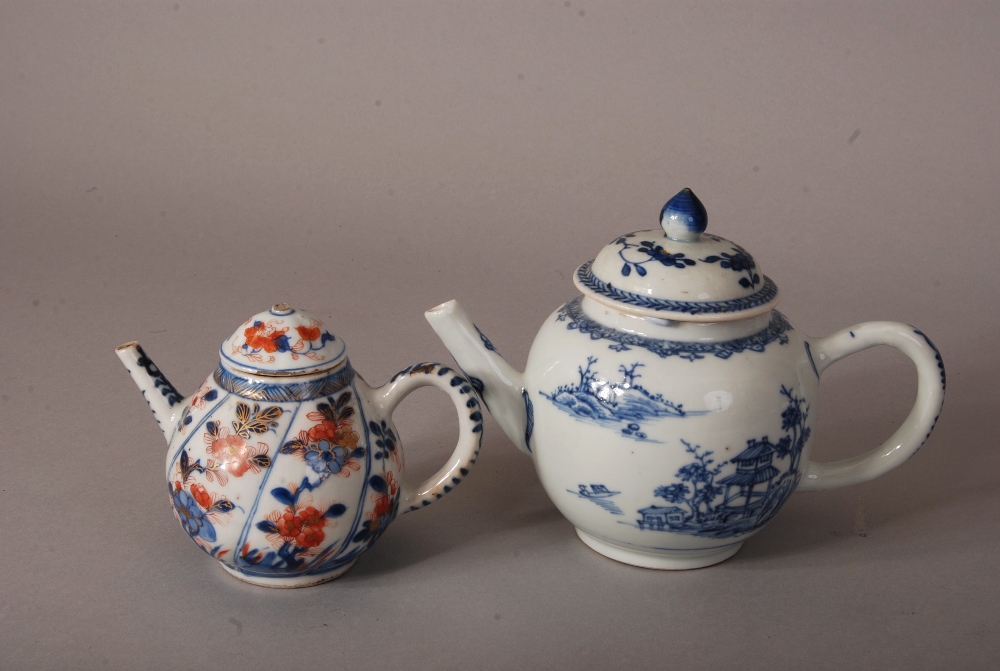 C18th Chinese blue and white teapot and cover painted with landscape, 21cm wide; together with a