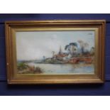 Manner of D Sherrin, watercolour "Riverside scene with church & bridge" bears signature ll 50x90cm