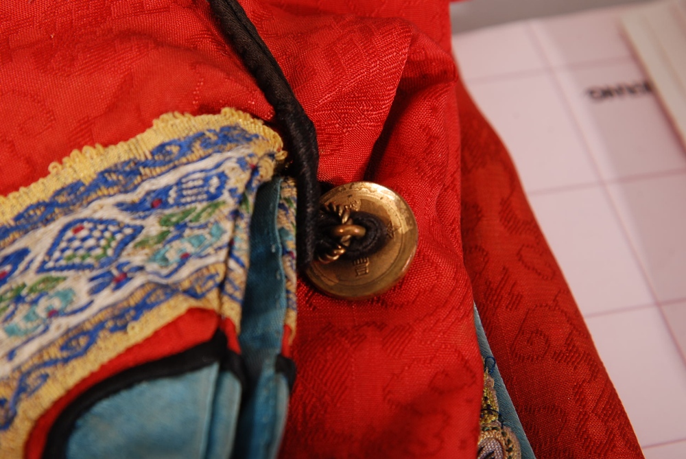 C19th Chinese lady's red silk robe, trimmed in blue and embroidered with auspicious objects, 120cm - Image 10 of 13