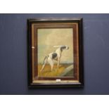 Ebonized framed oil painting of a setter dog on a grassy headland 46.5x29.5cm