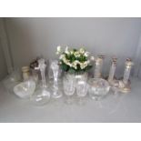 6 White metal top & base glass candle sticks. quantity of glass & various other items