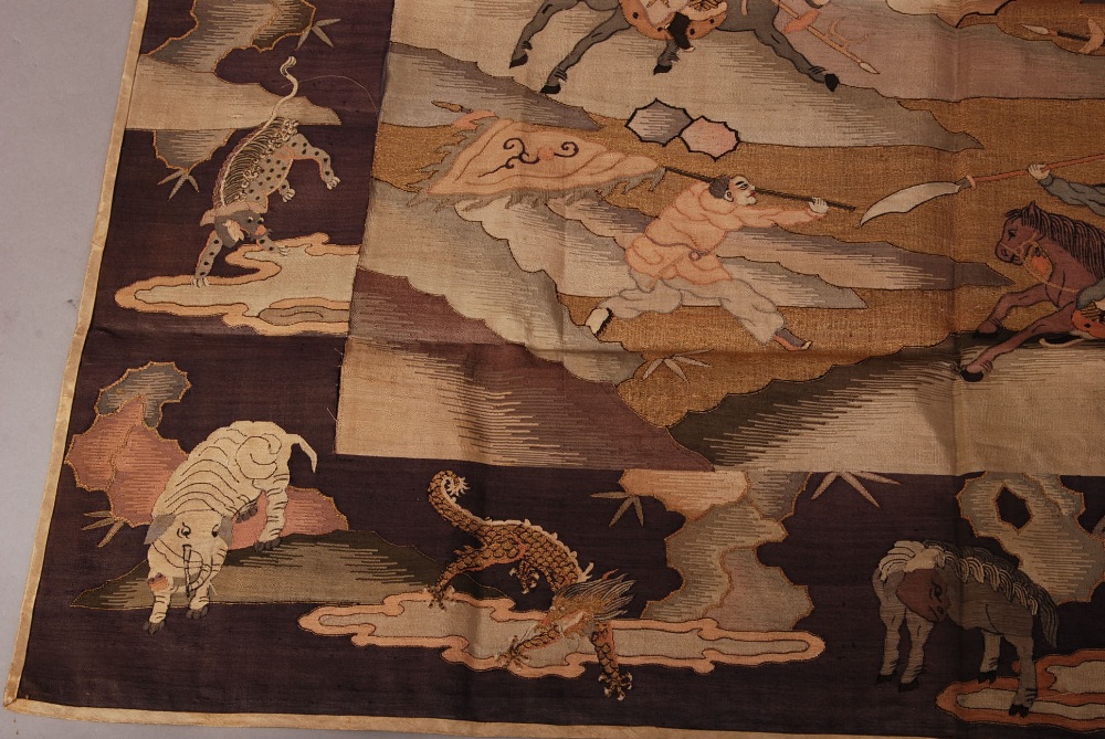 C19th Chinese silk Kesi panel, embroidered with warriors in a battle surrounded by a band of - Image 6 of 6