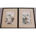 Pair of C20th Chinese famille rose panels, painted with mountainous and riverside landscapes, with
