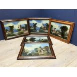 Five Victorian oil paintings on glass of rural scenes in maple frames, 55x40cm