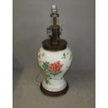 Chinese porcelain waisted vase decorated with flowers,birds & butterflies, now as a triple lamp 46cm