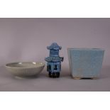 Chinese pale blue crackle-glazed square jardiniere, 17cm high; together with a 'Robin's egg'