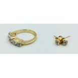 18ct Gold & diamond 5 stone ring & a matching pair of stud earrings with full details of jewellery