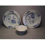 Pair of Chinese blue & white soup plates with floral decoration 23cm D (1 with chip & hairline