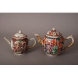 2 C18th Chinese famille rose teapots and covers, each painted with figures at leisure on riverside