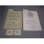 Souvenir programme for the ceremonial opening of the Royal festival hall together with 2 tickets