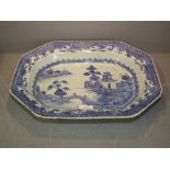 C18th Chinese blue & white octagonal deep dish decorated with Pagoda in landscape 37x28cm Chip and