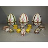 3 large Limogues painted and gilt eggs, Herend etc