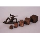 Set of five C19th Chinese bronze square seals; together with a bronze brush rest cast as a bird