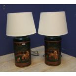 Pair of Chinese green toleware tea cannister lamps, pat tested with shades