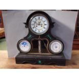 C19th French black marble & lapis lazuli mantel perpetual clock by J Carriet, Lyon, barometer,