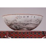Large C20th Chinese eggshell porcelain 'winter landscape' bowl, lobed and painted with a snowy,