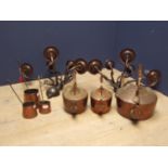 Pair 5 branch wall sconces, pair small lanterns, 3 "cider" measures and 3 copper kettles