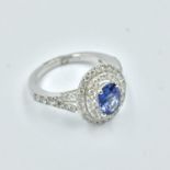 18ct White gold double halo tanzanite & diamond cluster ring