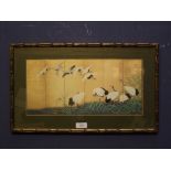 Bamboo style framed Oriental school Image of crane birds in flight & in reed beds