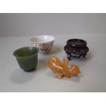Famille rose saki bowl, small jade bowl & snuff bottle shaped as a fish