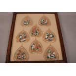 C19th Chinese mounted set of eight Bodhi leaf paintings of birds and flowers, all mounted within a