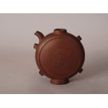 C19th Chinese Zisha teapot, of flattened circular form and with four handles, incised to both