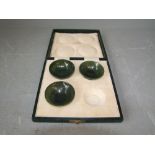 Set of 3 (of 4) spinach Jade miniature bowls in fitted case retained by H Simmonds 60-61