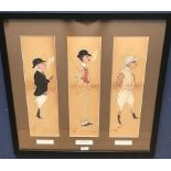 Early C20th watercolour and pen caricature drawing of 3 horse racing characters 'the starter Mr