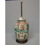 Chinese famille verte crackleware vase decorated scenes of farming and domesticity now as a lamp,