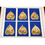 C18th Chinese mounted set of six Bodhi leaf paintings of Luohan, each painted to depict a Luohan,