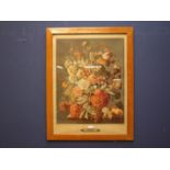 After J Nigg, colour print "Floral still life" 82x49 in maple frame