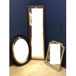 Oak framed oval mirror with bevelled glass 67 x 47, gilt framed mirror 123 x 36 cm, white painted