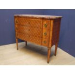 Louis XVI style satinwood crossbanded & marquetry inlaid marble topped commode fitted 3 drawers &