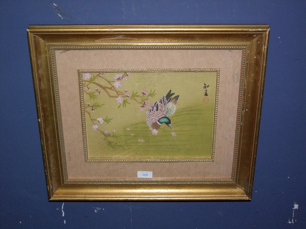 Gilt framed Japanese wildlife study on silk, portrait of a mallard duck & blossom tree