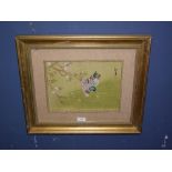 Gilt framed Japanese wildlife study on silk, portrait of a mallard duck & blossom tree