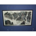 F&G signed mixed method Japanese mountainous river scene with waterfalls & boats 31.5x56cm