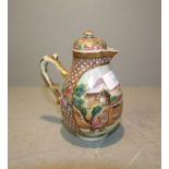 Small Chinese sparrow beak jug decorated with figures before an edifice & mountains with