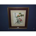 F&G Japanese embroidery on silk, study of crane birds,blooms & pine trees, signed 27x22cm