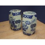 Pair Chinese hexagonal blue and white garden seats, 50cmH