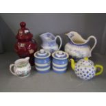 Quantity of china, including jugs, T&G Green, Painted glass lidded vase decorated horses and dogs,