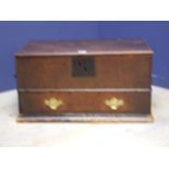 Small oak silver trunk with brass carrying handles, with rising lid to interior above a long drawer,