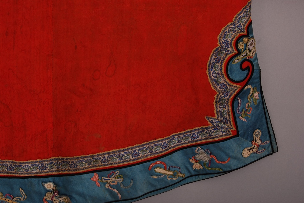 C19th Chinese lady's red silk robe, trimmed in blue and embroidered with auspicious objects, 120cm - Image 5 of 13