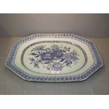 C18th Chinese blue & white octagonal meat dish, decorated with flowers 46x38cm