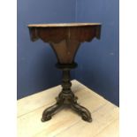 Victorian oak circular sewing table on carved tripod base, a/f