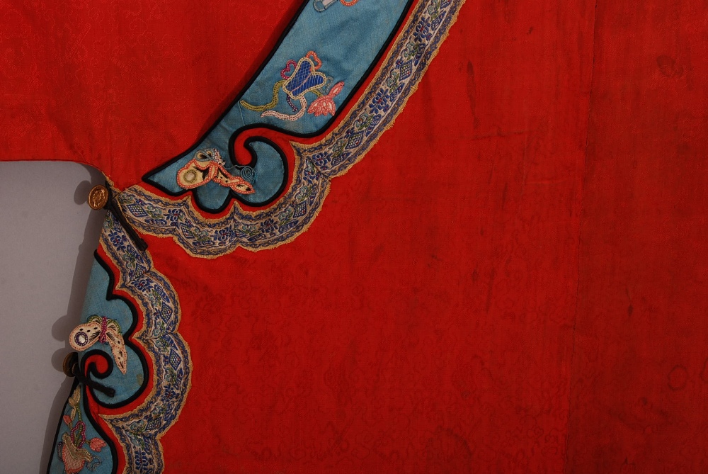 C19th Chinese lady's red silk robe, trimmed in blue and embroidered with auspicious objects, 120cm - Image 3 of 13