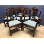 4 Mahogany dining chairs + 2 carvers with blue upholstered drop in seats & 4 mahogany dining