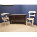 Oak 3 panel coffer, and 2 cream bergere seated chairs