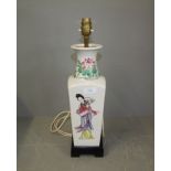 Chinese square tapering vase as a lamp, decorated with figures & flowers 42cm H