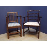 2 armchairs, with striped and pineapple upholstered seat