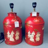 Pair of Oka "coffee can" table lights in red with oriental scenes
